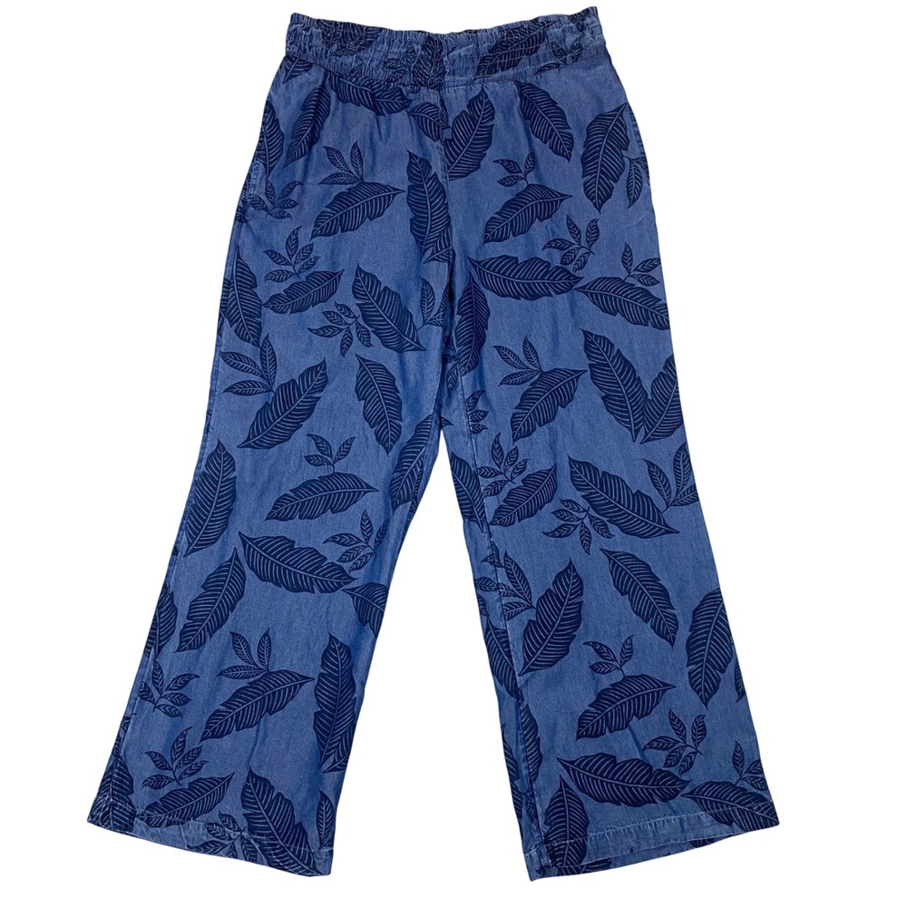 Land n Sea Tropical Leaf Print Lyocell Wide Leg Pants Women Large Blue Relaxed